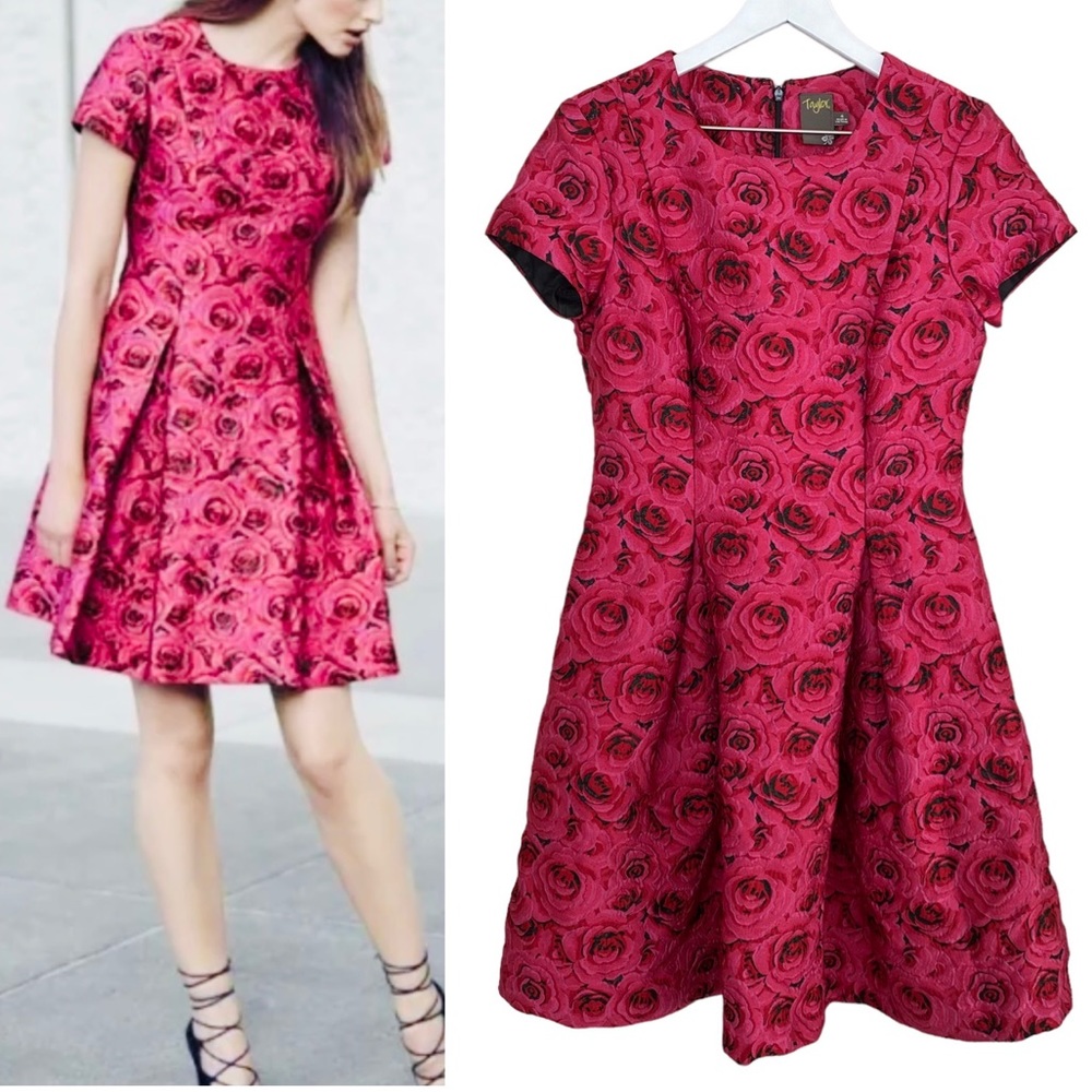 Taylor NWT Stunning Pink & Red Rose Jacquard Fit & Flare Flattering Dress Size 4